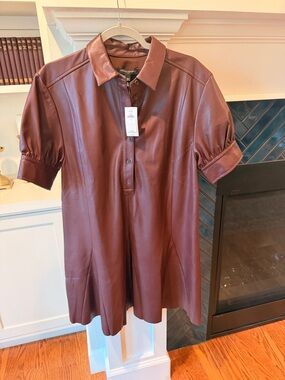 Banana Republic Faux Leather Short-Sleeve Shirtdress in Dark Brown